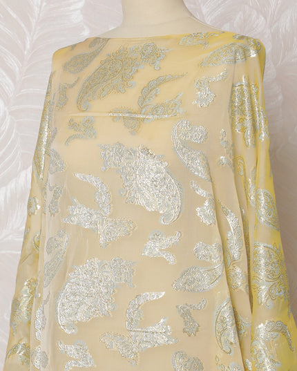 Elegant Lemon Yellow Paisley French Silk Chiffon Fabric with Metallic Lurex, 140 cm Width-D19697