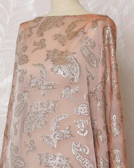 Elegant Peach Paisley French Silk Chiffon Fabric with Metallic Lurex, 140 cm Width-D19698