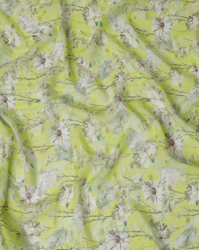 Vibrant Lime Green Synthetic Organza Fabric with Delicate Floral Design, 110 cm Width-D19699