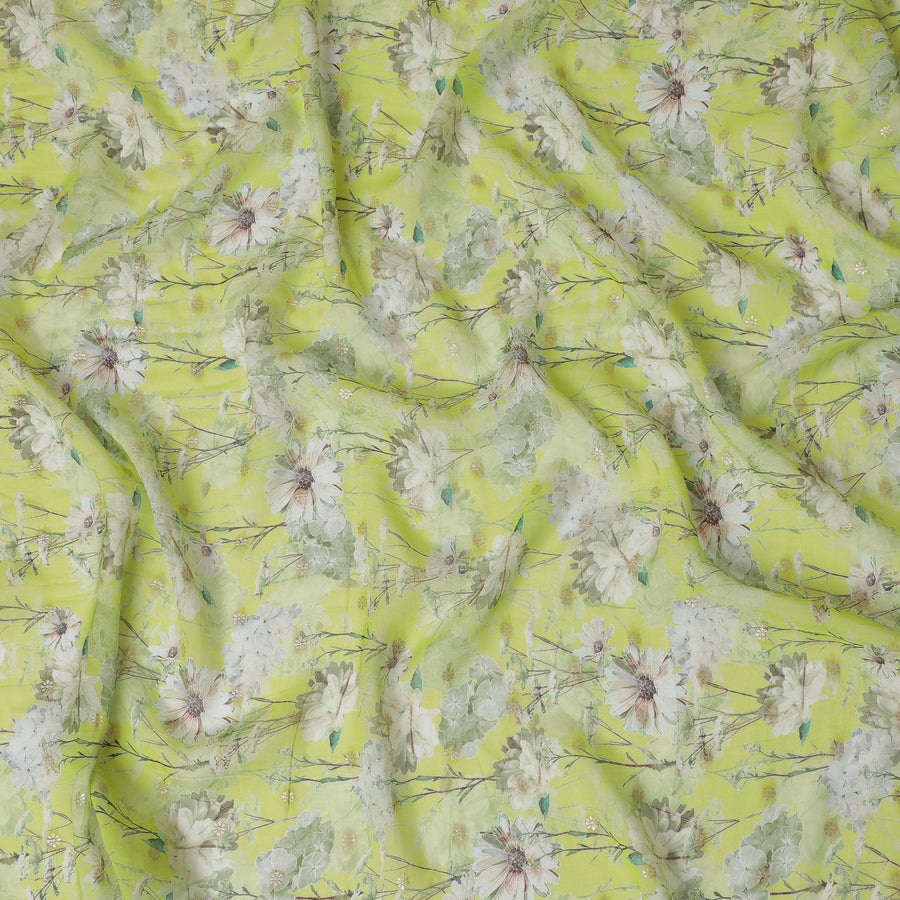 Vibrant Lime Green Synthetic Organza Fabric with Delicate Floral Design, 110 cm Width-D19699