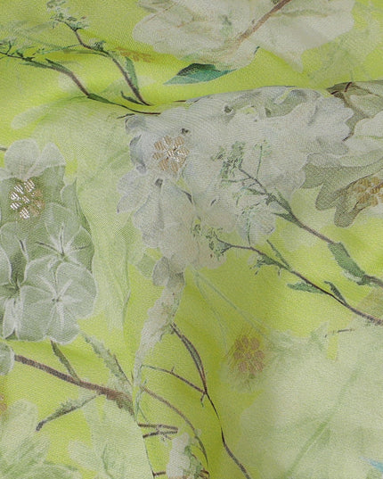 Vibrant Lime Green Synthetic Organza Fabric with Delicate Floral Design, 110 cm Width-D19699