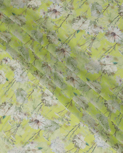 Vibrant Lime Green Synthetic Organza Fabric with Delicate Floral Design, 110 cm Width-D19699