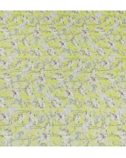 Vibrant Lime Green Synthetic Organza Fabric with Delicate Floral Design, 110 cm Width-D19699