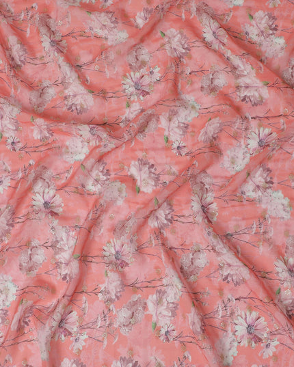 Coral Pink Synthetic Organza Fabric with Soft Floral Design, 110 cm Width-D19700