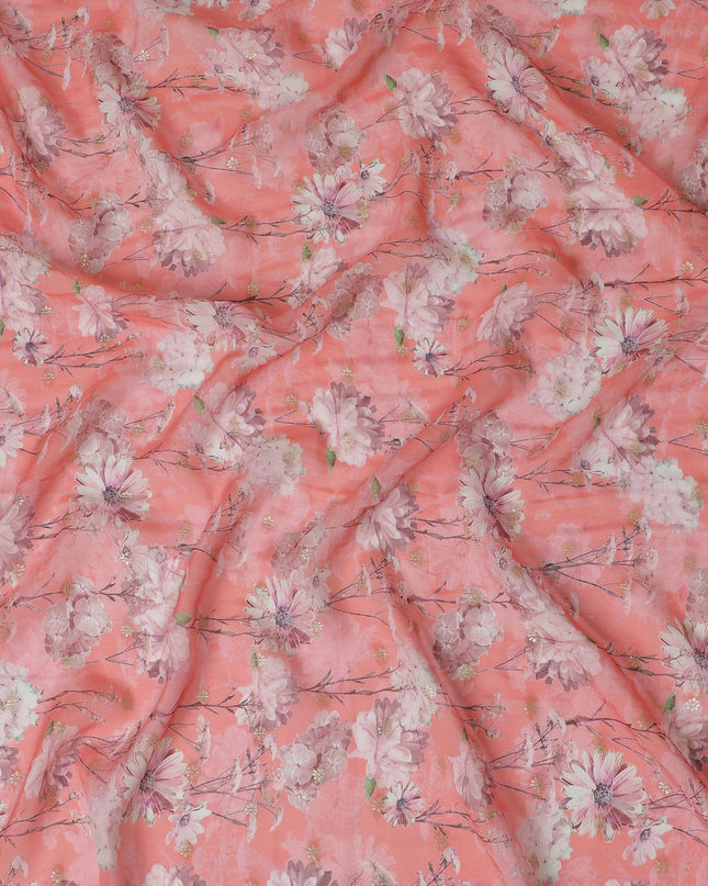 Coral Pink Synthetic Organza Fabric with Soft Floral Design, 110 cm Width-D19700