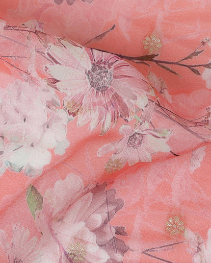 Coral Pink Synthetic Organza Fabric with Soft Floral Design, 110 cm Width-D19700