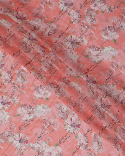 Coral Pink Synthetic Organza Fabric with Soft Floral Design, 110 cm Width-D19700