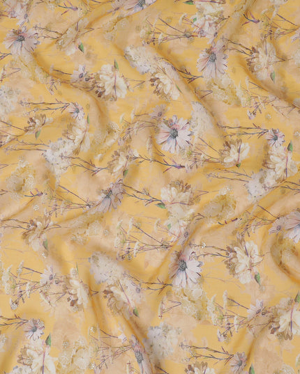 Sunny Yellow Synthetic Organza Fabric with Delicate Floral Design, 110 cm Width-D19701