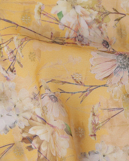 Sunny Yellow Synthetic Organza Fabric with Delicate Floral Design, 110 cm Width-D19701