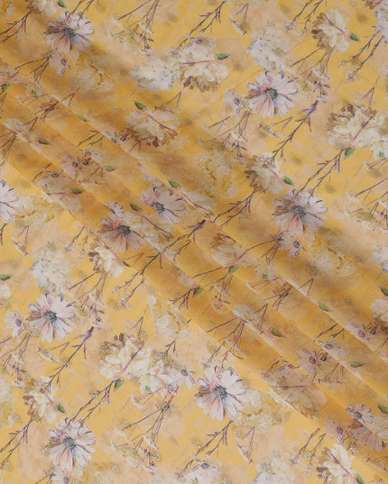 Sunny Yellow Synthetic Organza Fabric with Delicate Floral Design, 110 cm Width-D19701