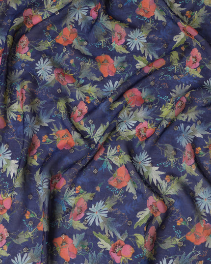 Navy Blue Synthetic Organza Fabric with Vibrant Floral Design, 110 cm Width-D19702