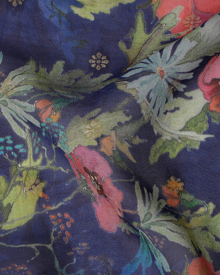 Navy Blue Synthetic Organza Fabric with Vibrant Floral Design, 110 cm Width-D19702