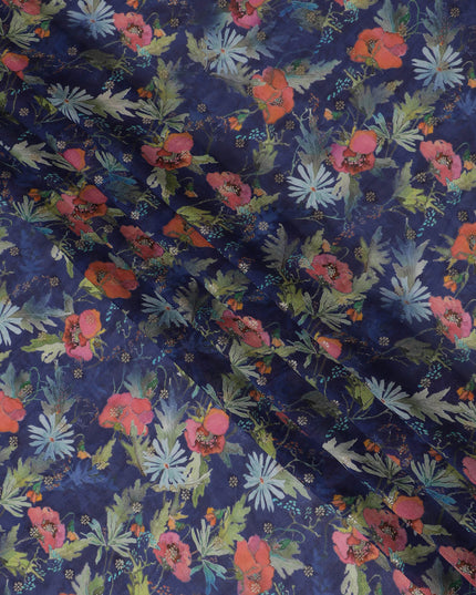 Navy Blue Synthetic Organza Fabric with Vibrant Floral Design, 110 cm Width-D19702