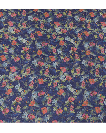 Navy Blue Synthetic Organza Fabric with Vibrant Floral Design, 110 cm Width-D19702