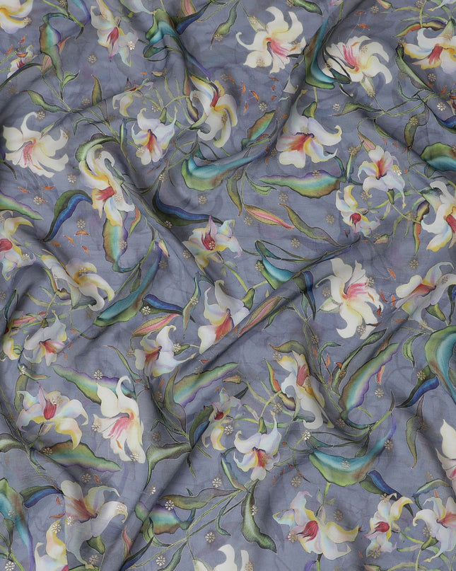 Elegant Slate Grey Synthetic Organza Fabric with Multicolor Floral Design, 110 cm Width-D19703