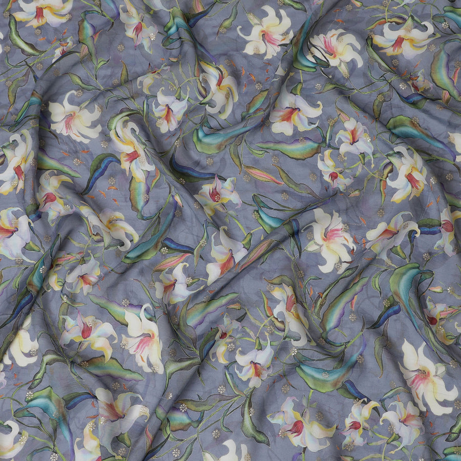 قماش أورجانزا صناعي رمادي اللون أنيق مع تصميم زهور متعدد الألوان، عرض 110 سم -D19703