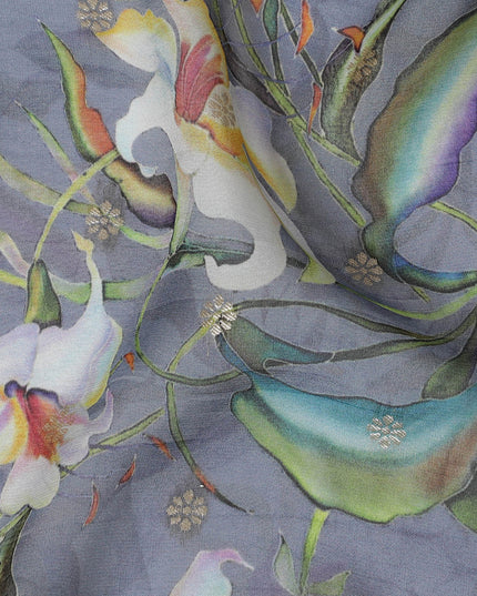 Elegant Slate Grey Synthetic Organza Fabric with Multicolor Floral Design, 110 cm Width-D19703