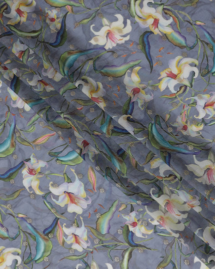 Elegant Slate Grey Synthetic Organza Fabric with Multicolor Floral Design, 110 cm Width-D19703