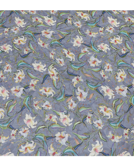 Elegant Slate Grey Synthetic Organza Fabric with Multicolor Floral Design, 110 cm Width-D19703