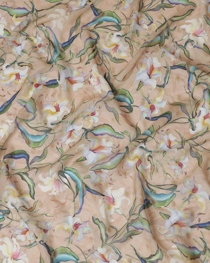 Beige Synthetic Organza Fabric with Multicolor Floral Design, 110 cm Width-D19704