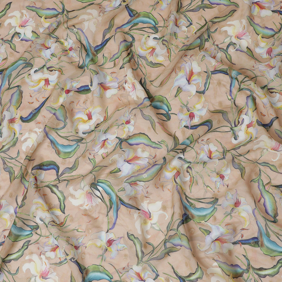 قماش اورجانزا صناعي بيج مع تصميم زهور متعددة الالوان، عرض 110 سم -D19704