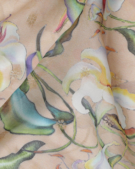 Beige Synthetic Organza Fabric with Multicolor Floral Design, 110 cm Width-D19704