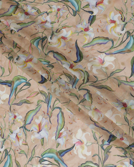 Beige Synthetic Organza Fabric with Multicolor Floral Design, 110 cm Width-D19704