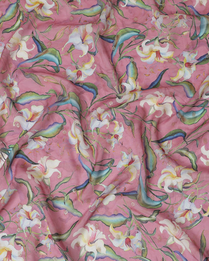 Rose Pink Synthetic Organza Fabric with Multicolor Floral Design, 110 cm Width-D19705