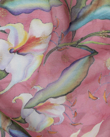 Rose Pink Synthetic Organza Fabric with Multicolor Floral Design, 110 cm Width-D19705