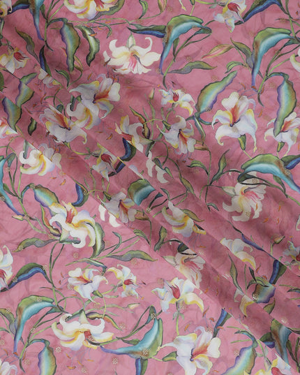 Rose Pink Synthetic Organza Fabric with Multicolor Floral Design, 110 cm Width-D19705