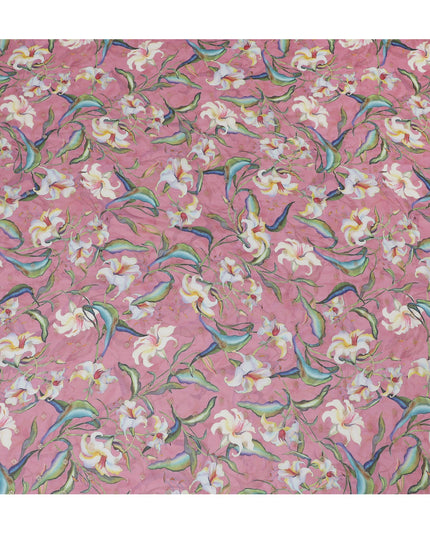 Rose Pink Synthetic Organza Fabric with Multicolor Floral Design, 110 cm Width-D19705