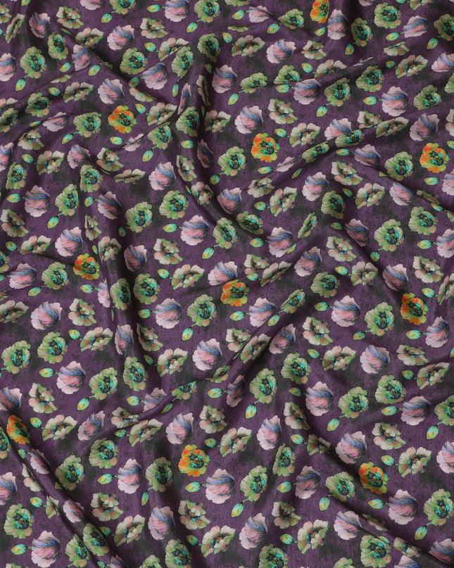 Vibrant Purple and Green Floral Viscose Modal Satin Fabric - 110 cm Width-D19980