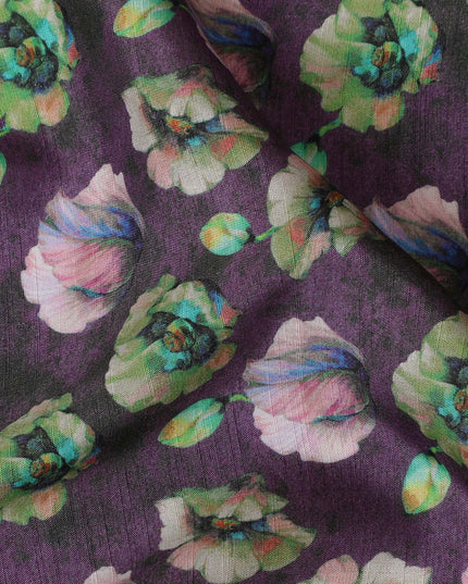 Vibrant Purple and Green Floral Viscose Modal Satin Fabric - 110 cm Width-D19980