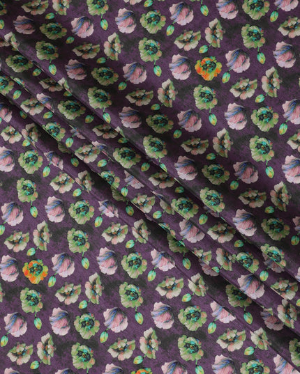 Vibrant Purple and Green Floral Viscose Modal Satin Fabric - 110 cm Width-D19980