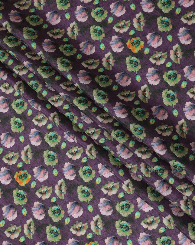 Vibrant Purple and Green Floral Viscose Modal Satin Fabric - 110 cm Width-D19980