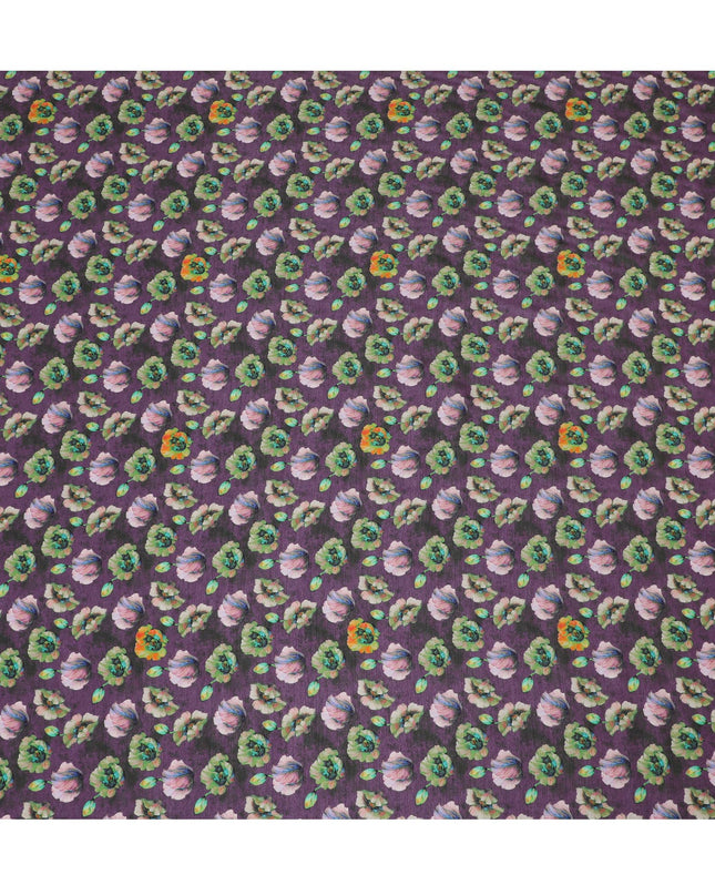 Vibrant Purple and Green Floral Viscose Modal Satin Fabric - 110 cm Width-D19980