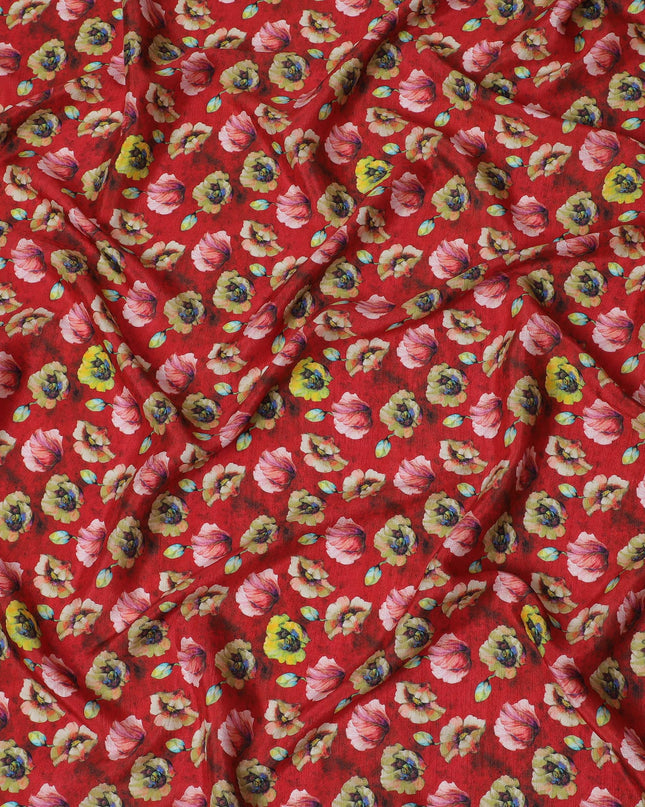 Bold Red and Yellow Floral Viscose Modal Satin Fabric - 110 cm Width-D19981