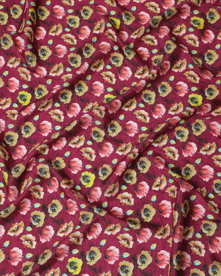 Rich Burgundy and Yellow Floral Viscose Modal Satin Fabric - 110 cm Width-D19982