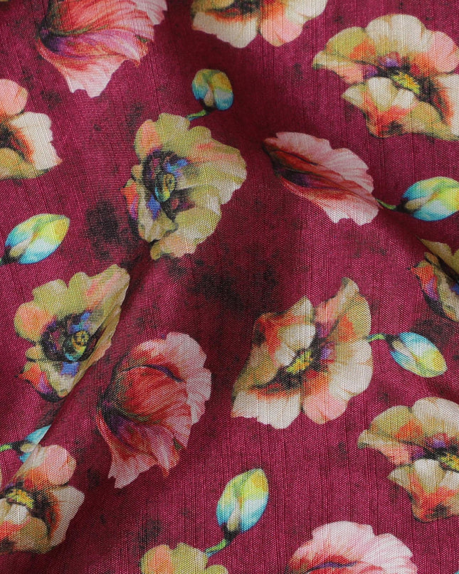 Rich Burgundy and Yellow Floral Viscose Modal Satin Fabric - 110 cm Width-D19982