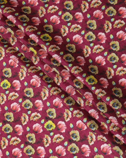 Rich Burgundy and Yellow Floral Viscose Modal Satin Fabric - 110 cm Width-D19982