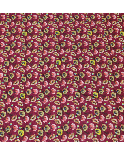 Rich Burgundy and Yellow Floral Viscose Modal Satin Fabric - 110 cm Width-D19982