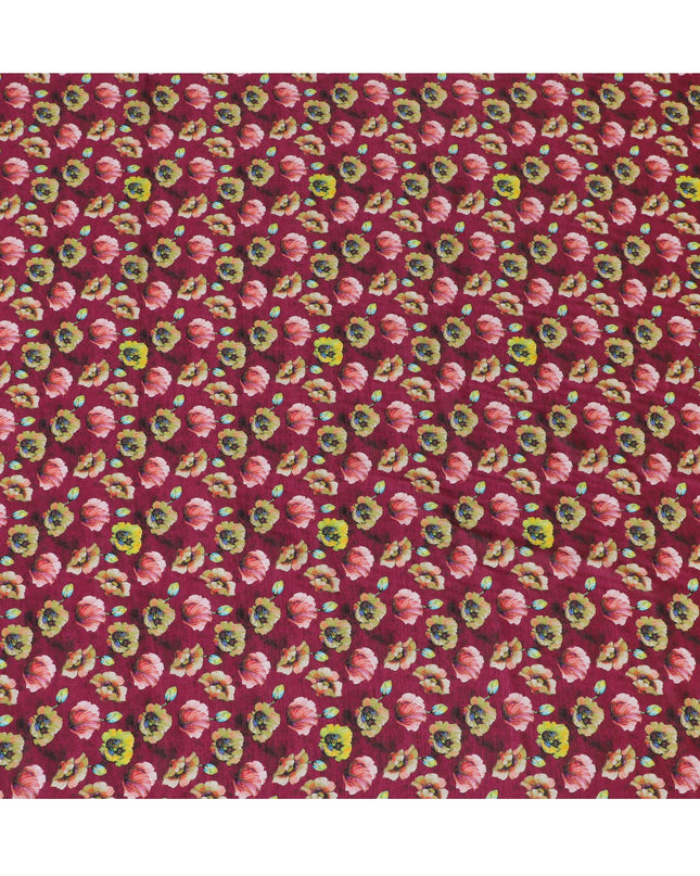 Rich Burgundy and Yellow Floral Viscose Modal Satin Fabric - 110 cm Width-D19982