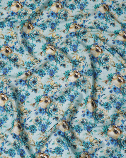 Aqua Blue and Beige Floral Viscose Modal Satin Fabric - 110 cm Width-D19983