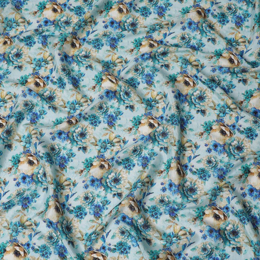 Aqua Blue and Beige Floral Viscose Modal Satin Fabric - 110 cm Width-D19983 - Regal Fabrics
