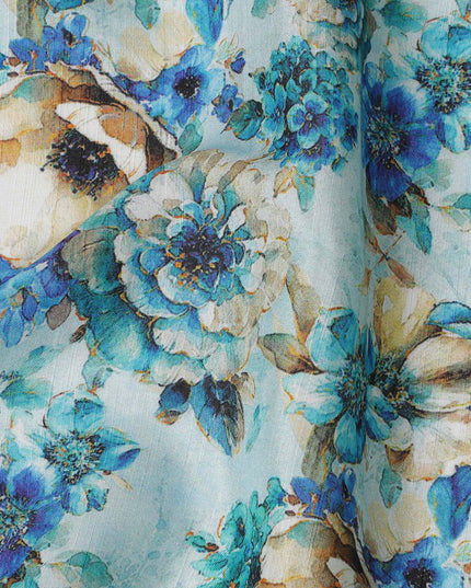 Aqua Blue and Beige Floral Viscose Modal Satin Fabric - 110 cm Width-D19983