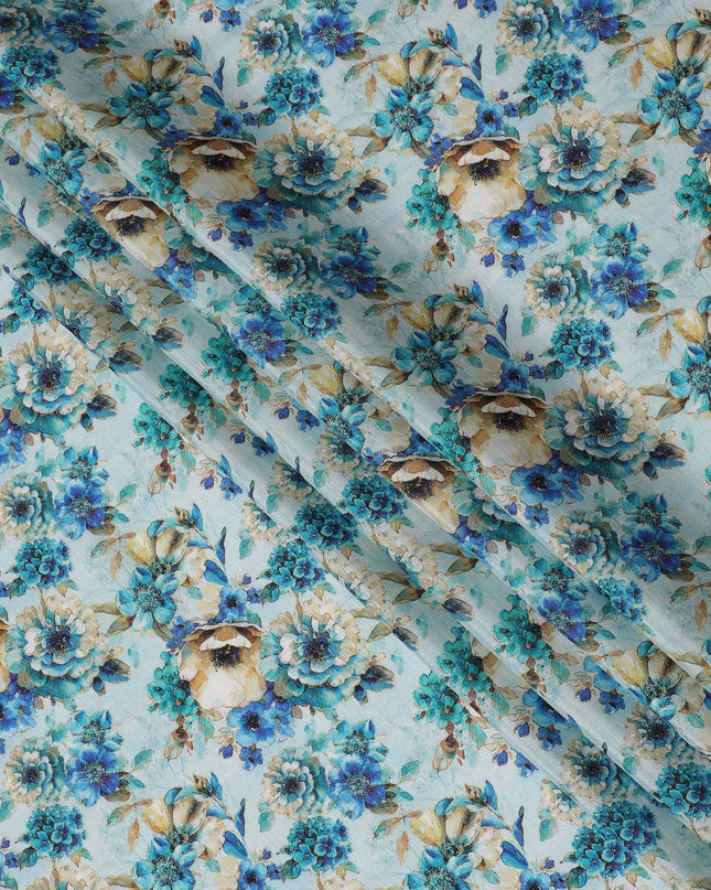 Aqua Blue and Beige Floral Viscose Modal Satin Fabric - 110 cm Width-D19983