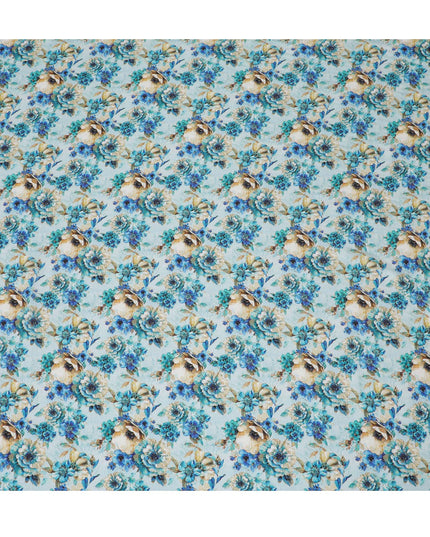 Aqua Blue and Beige Floral Viscose Modal Satin Fabric - 110 cm Width-D19983