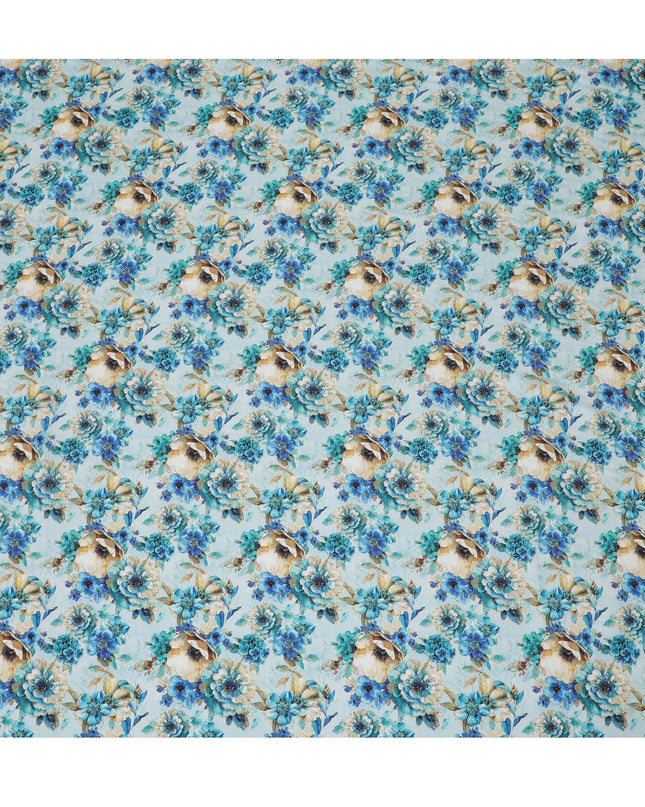 Aqua Blue and Beige Floral Viscose Modal Satin Fabric - 110 cm Width-D19983