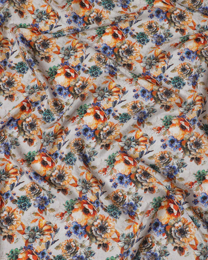 Vibrant Orange and Blue Floral Viscose Modal Satin Fabric - 110 cm Width-D19984