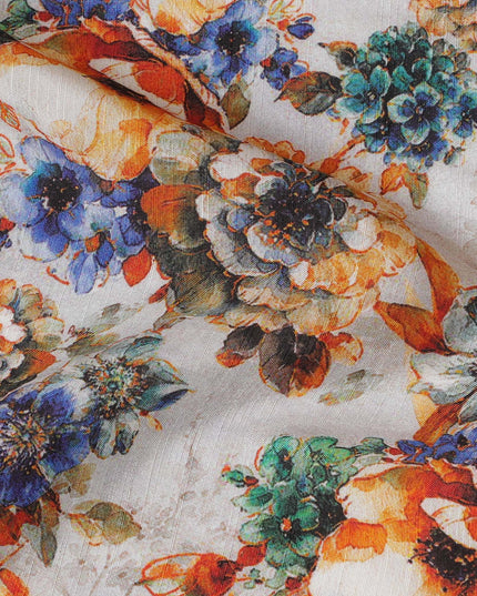 Vibrant Orange and Blue Floral Viscose Modal Satin Fabric - 110 cm Width-D19984